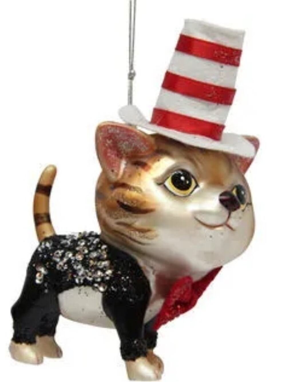 Cat w/ Suit Striped Hat December Diamonds 5.5" Glass Ornament Christmas 79-80527